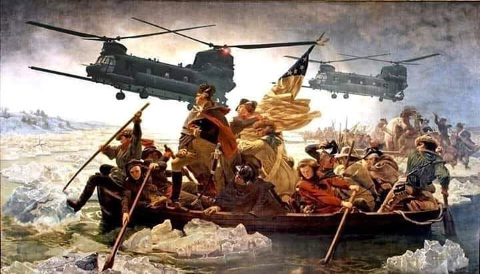 A digitally edited version of Emanuel Leutze's 'Washington Crossing the Delaware' painting, with two military helicopters added flying above the boat.