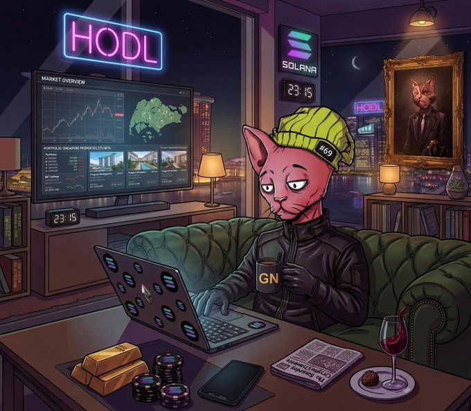 Digital art of a Sphynx cat wearing a yellow beanie and black jacket, sitting on a couch with a laptop displaying crypto charts, a 'HODL' neon sign, and Solana logo in the background.
