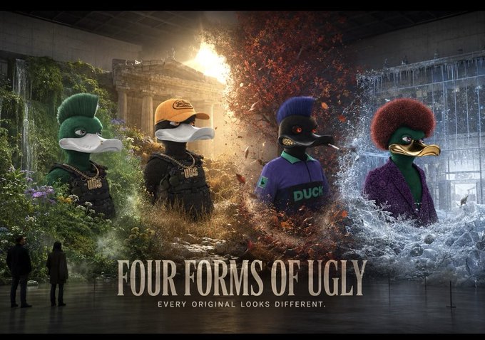 An advertisement titled "FOUR FORMS OF UGLY" with the tagline "EVERY ORIGINAL LOOKS DIFFERENT," displaying four duck characters in different themed environments.
