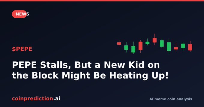 A news graphic from coinprediction.ai titled 'PEPE Stalls, But a New Kid on the Block Might Be Heating Up!' displays candlestick charts alongside the $PEPE ticker.