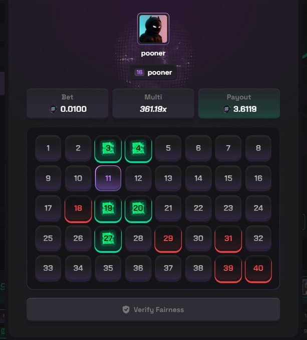 A player with the username "pooner" bet 0.0100 SOL on a betting grid game, selecting numbers 3, 4, 11, 18, 19, 20, 27, 29, 31, 39, and 40 in green while others are red. The impressive 361.19x multiplier transformed the small wager into a 3.8119 SOL payout, perfectly illustrating how a low bet can yield massive returns through a high multiplier.