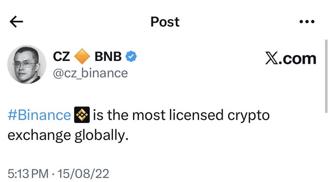 A screenshot of a X.com post by CZ (Changpeng Zhao) with the handle @cz_binance stating '#Binance is the most licensed crypto exchange globally,' dated 5:13 PM on 15/08/22.