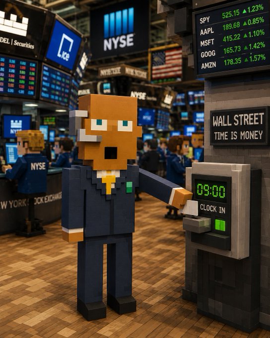 The image captures a large collection of adults appearing to be built from building blocks, bustling through a stock exchange filled with monitors; serving as a backdrop to a lego figure wearing a business suit with an orange face and blue squares for eyes, inserts his hand into a clock-in screen that reads "09:00" and "CLICK IN" and a banner which says "WALLSTREET TIME IS MONEY". The caption suggests  NFTs, or non-fungible tokens might be connected to the token ticker $STONKBROKER.