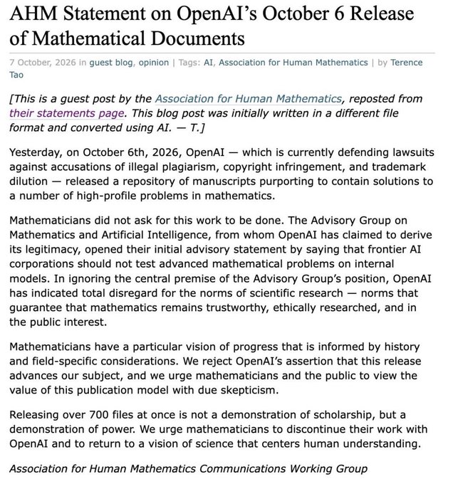 A blog post titled 'AHM Statement on OpenAI's October 6 Release of Mathematical Documents' dated October 7, 2026, authored by Terence Tao on behalf of the Association for Human Mathematics, criticizing OpenAI's release of mathematical manuscripts.