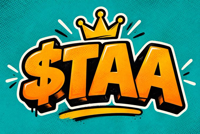 A vibrant, comic-book style graffiti logo spelling '$TAA' in bold orange letters, topped with a gold crown, set against a textured teal background.