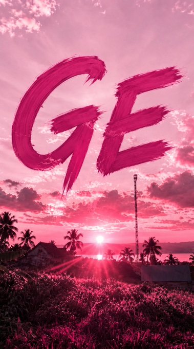 A pink sunset over a tropical landscape with palm trees and a field of flowers, overlaid with the word 'GIE' in large pink brushstroke lettering.