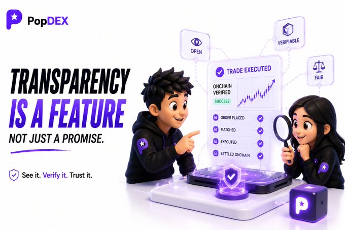 A PopDEX promotional graphic with the text "TRANSPARENCY IS A FEATURE NOT JUST A PROMISE" and "See it. Verify it. Trust it.", featuring two animated 3D characters examining a holographic trading interface showing "TRADE EXECUTED ONCHAIN VERIFIED" with labels OPEN, VERIFIABLE, and FAIR.