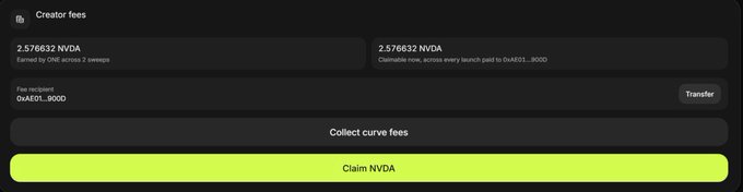 The image shows a creator fees dashboard displaying 2,576,632 NVDA earned from OneID access (2 sweeps) and community access, with a "Claim NVDA" button highlighted in green at the bottom. This visual supports the post's claim about farming revenue through a Pons launchpad strategy, showing the actual NVDA token earnings of approximately 2.5M tokens that can be claimed as fees.