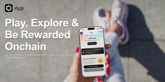 A person holds a phone displaying the Startale App showing "GM, fren!" and "1,587 pt" STAR Points balance against a blurred outdoor background, with promotional text reading "Play, Explore & Be Rewarded Onchain" and describing it as "Your all-in-one gateway to games, rewards, and the Soneium ecosystem."

The image visually supports the post about earning STAR Points on Startale by showcasing the app interface where users can track their points balance and complete missions.