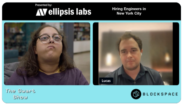 A split-screen video interview from "The Dwart Show" (presented by Ellipsis Labs and hiring engineers in NYC) features the host alongside Lucas, founder of Variational, shown alongside the BLOCKSPACE logo—matching the post's reference to a technical interview with the perp DEX founder on Variational's podcast appearance.