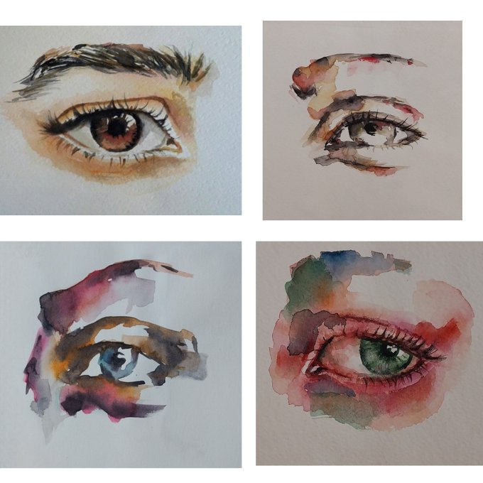 A four-panel watercolor painting showcasing expressive artistic interpretations of eyes in different color palettes, ranging from realistic brown to abstract splashes of purple, blue, and red.