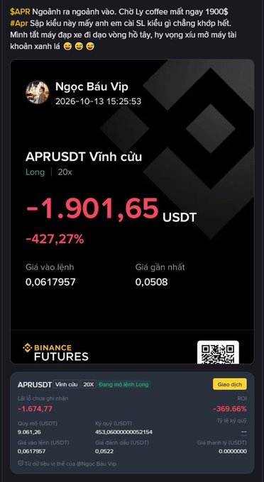 A Binance Futures loss screenshot for a Long 20x trade on APRUSDT shows a realized loss of -1,901.65 USDT and -427.27%, with an entry price of 0.0617957 and a recent price of 0.0508.