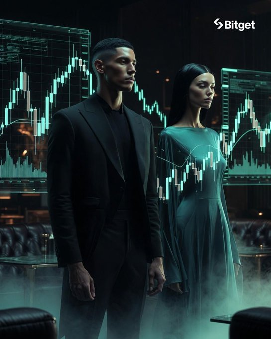 The image features a man and woman standing together, with both of them wearing business suits. The scene takes place at a party where they are surrounded by other people, enjoying themselves in a social setting. In the background, there's a table that holds a bottle of wine. Above the group of people, there is a display screen showing stock market graphs and charts, capturing the attention of those present at the event. This unique combination creates an interesting visual juxtaposition between business attire and the casual party atmosphere.