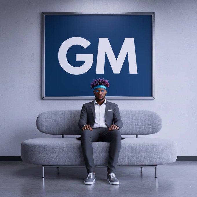 A 3D-rendered figure with purple and blue dreadlocks and sunglasses sits on a modern gray sofa, with a large blue sign reading 'GM' on the wall behind them.