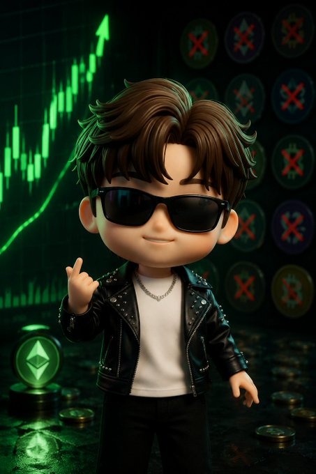 A chibi-style character in sunglasses and a leather jacket poses confidently in front of a green bullish ETH price chart and red "X" icons, while an Ethereum logo glows at their feet—visually embodying the post's warning about misleading surface-level market gains masking stagnant altcoin performance.