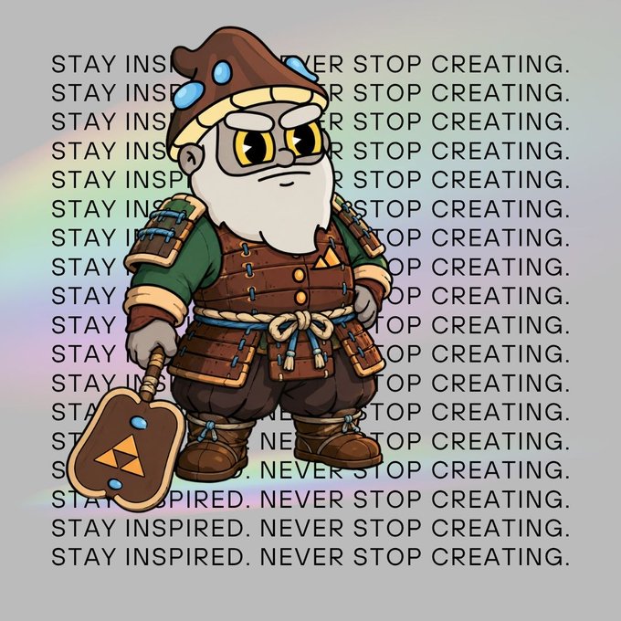 A cartoon character resembling a fantasy dwarf or warrior with a mushroom-shaped hat, beard, and brown armor holds a staff and bag, standing in front of repeating text that reads 'STAY INSPIRED. NEVER STOP CREATING.'