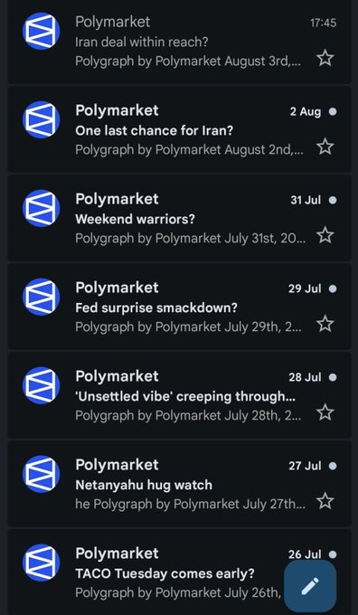 A list of Polymarket newsletter emails with headlines including 'Iran deal within reach?', 'Weekend warriors?', and 'TACO Tuesday comes early?'