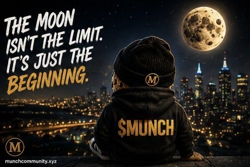 A graphic shows a figure in a black hoodie and beanie with '$MUNCH' written in gold on the back, looking out over a city skyline at night toward a large moon, accompanied by the text 'THE MOON ISN'T THE LIMIT. IT'S JUST THE BEGINNING.' and 'munchcommunity.xyz'.
