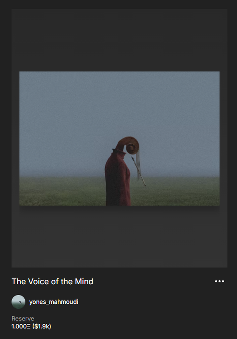 An NFT listing titled 'The Voice of the Mind' by yones_mahmoudi, showing a figure in a red robe holding a gramophone in a misty field, with a reserve price of 1,000Ξ ($1.9k).