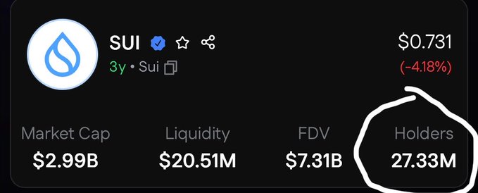 A cryptocurrency data display shows the SUI token at $0.731, down 4.18%, with a market cap of $2.99B, liquidity of $20.51M, FDV of $7.31B, and 27.33M holders circled in white.