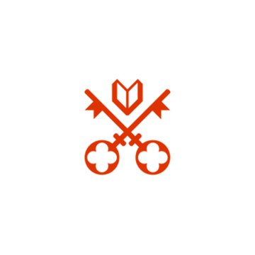 A red logo featuring two crossed keys with clover-shaped bows and a book or shield emblem at the top center.