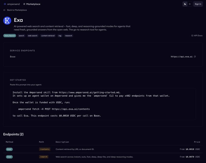 A screenshot of the Ampersend Marketplace listing for 'Exa,' an AI-powered web search and content retrieval tool, detailing its service endpoints, pricing ($0.0010–$0.0070 USDC), and API documentation.