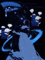 A stylized blue-tinted illustration depicting figures in hats, rendered in an abstract anime-like aesthetic with bold contrast.