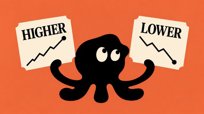 An illustration of a black octopus holding papers with 'HIGHER' (showing an upward graph) and 'LOWER' (showing a downward graph) on an orange background.