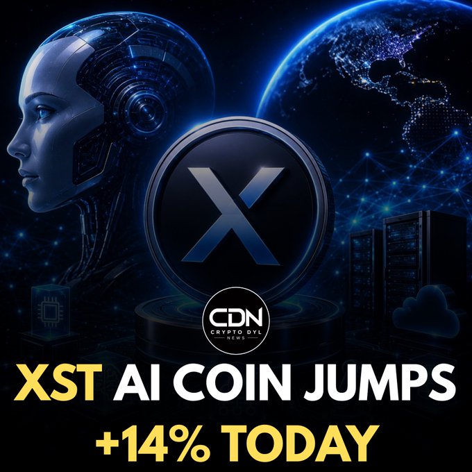 A futuristic graphic from CDN Crypto DVL News features a robotic AI head and an Earth network backdrop behind a large "X" coin logo, promoting the headline "XST AI COIN JUMPS +14% TODAY" in bold white and yellow text.