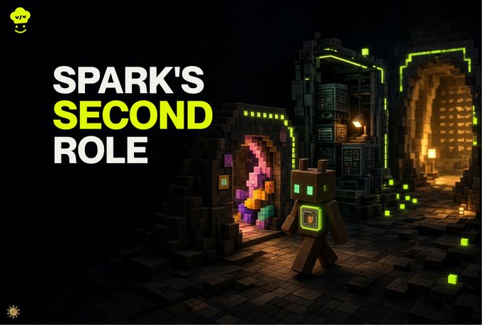The image showcases "SPARK'S SECOND ROLE" in bold text alongside a pixelated, blocky robot character with glowing green accents standing in a dimly lit voxel-style environment with neon-lit archways. The scene visually echoes the post's message about SPARK evolving from a simple allocation asset into a recurring, multi-purpose distribution mechanism within the @vibevibefun Robinhood Chain launchpad.