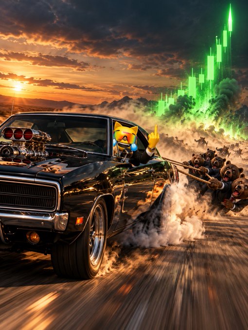 A cartoon Shiba Inu dog ("Cheems") drives a muscle car at full throttle, triumphantly flipping the bird while dragging a horde of bearish creatures behind it, as a green candlestick chart rockets skyward—perfectly matching the bullish "$MOG" rally against the bears.
