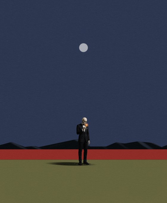 The image features an abstract painting with a man standing alone in a field under a full moon. The man appears to be holding a lit candle or cigarette, adding a sense of solitude and contemplation to the scene. The background consists of a dark blue sky, which contrasts with the white moon, creating a striking visual effect. The painting is titled "Memento" by Rothko, suggesting that it is an artistic representation of his earlier works on color fields.
