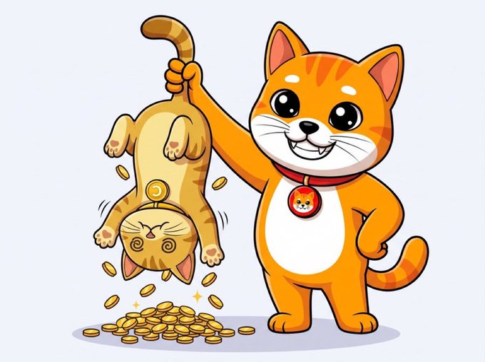 A cheerful cartoon orange tabby cat proudly holds up a dizzy, upside-down kitten by the tail as a pile of gold coins spills out below, with the standing cat wearing a red collar featuring a miniature cat emblem. The illustration playfully visualizes the "$CHIBI" token launch referenced in the post, using the cute mascot imagery to attract attention to the new memecoin.