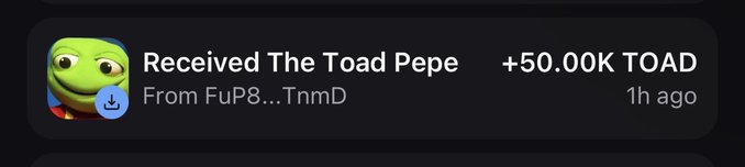 A notification shows that a user received 50,000 TOAD tokens titled "The Toad Pepe" from FuP8…TnnD one hour ago, visually supporting the post's claim of receiving a large amount of $TOAD.