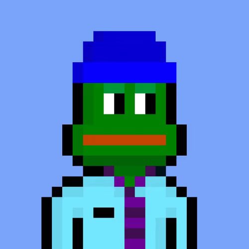 Pixel-art portrait of a green-skinned character wearing a purple beanie and a blue shirt with a purple tie against a blue background.