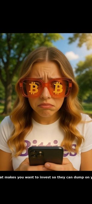 A woman with a disappointed expression wearing orange Bitcoin logo sunglasses while looking at her phone, with caption text about making people want to invest so they can dump on you.