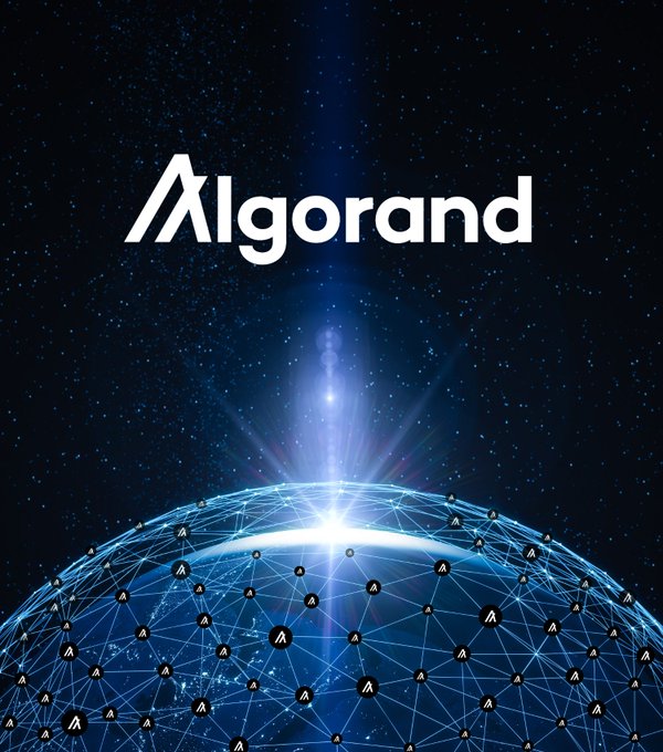 A promotional image for Algorand featuring the company name displayed prominently in white text against a dark starry background, with an illuminated network globe made of connected nodes below.