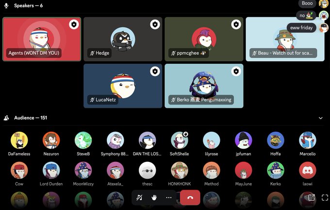 A Clubhouse audio chat room titled 'Speakers — 6' displays speaker avatars including 'Agents (WONT DM YOU)' and 'Hedie', with an audience of 151 viewers shown in circular icons below.