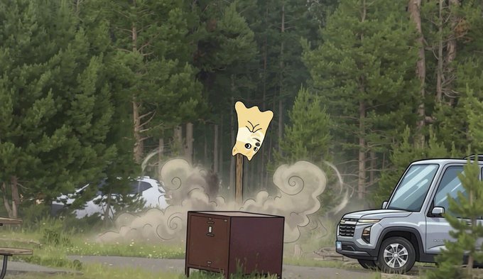 A surreal scene in a forested area with a cartoon cat-faced signpost on a post, a metal cabinet, and a silver SUV parked nearby, with animated dust clouds in the background.