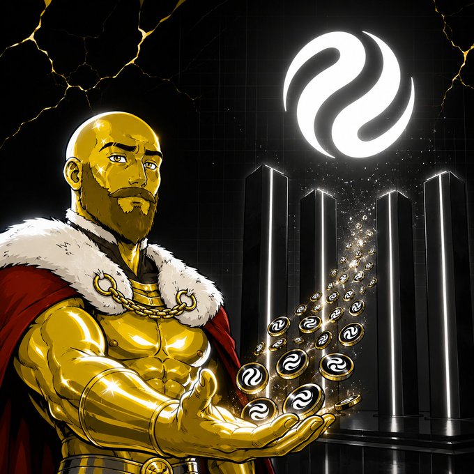 A digital illustration of a muscular golden-armored warrior with a red cape holding glowing coins, with a large white swirling logo floating above pillars against a dark cracked background.