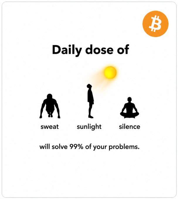 An inspirational graphic with a Bitcoin logo reads "Daily dose of sweat, sunlight, silence will solve 99% of your problems," pairing minimalist wellness advice with #Bitcoin vibes to suggest that simple, disciplined habits—like HODLing—can resolve most life and market challenges.