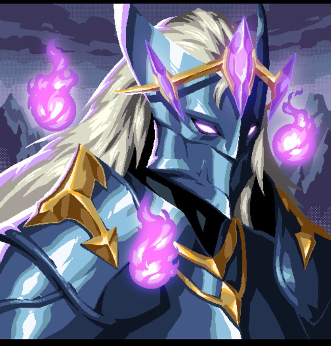 Pixel art style illustration of a blue-armored knight with glowing purple eyes, wearing a helmet with purple crystals, surrounded by floating purple flames against a dark mountain backdrop.