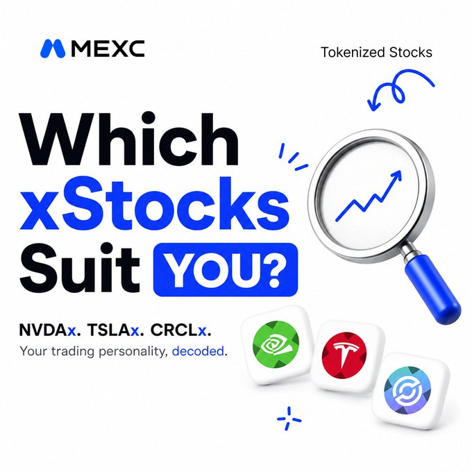 A MEXC advertisement asking 'Which xStocks Suit YOU?' featuring logos for NVDAx, TSLAx, and CRCLx, with a magnifying glass icon and the tagline 'Your trading personality, decoded.'
