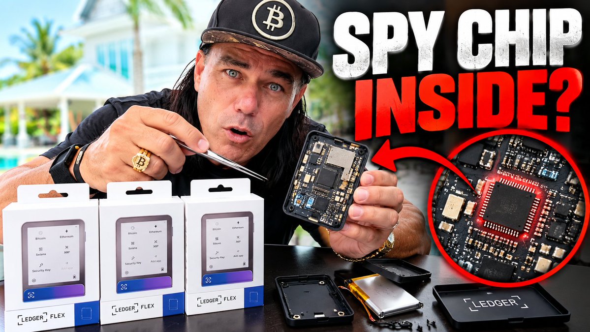 A man wearing a Bitcoin cap holds tweezers while examining a disassembled Ledger Flex device, with three sealed Ledger Flex boxes displayed in front of him. Bold red and white text reading "SPY CHIP INSIDE?" appears alongside a magnified circular view of a circuit board chip, highlighting concerns about potential hidden hardware in the crypto wallets.