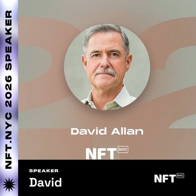 NFT.NYC 2026 speaker promotional graphic featuring a headshot of David Allan with the 'NFT NYC' logo.