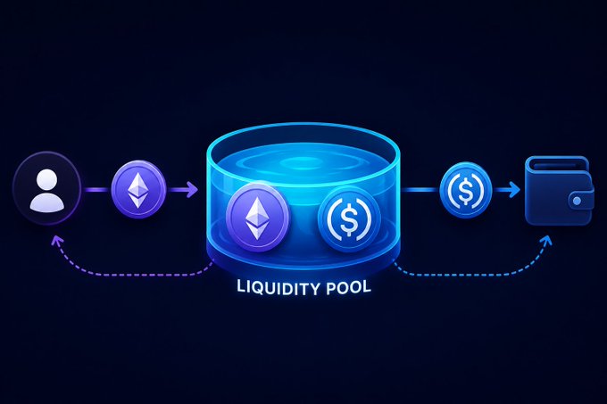 A digital infographic illustrating a cryptocurrency "LIQUIDITY POOL" showing a flow from a user icon through Ethereum tokens into a pool, and out to a USDC token and wallet.