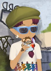 A stylized cartoon character wearing an olive green beret, blue sunglasses, and a white t-shirt, holding up a small monkey figurine.