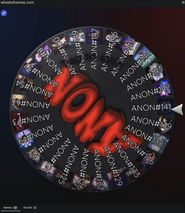 A spinning wheel from wheelofnames.com displays numbered entries labeled 'ANON' from #124 to #147, with a red 'NOW!' banner across the center and a white arrow pointer on the right.