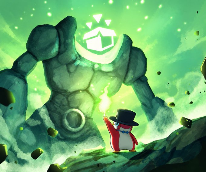 A glowing green fantasy illustration depicts a small red-and-white penguin-like character in a top hat holding a flame or torch, facing a giant stone figure with a bright geometric symbol on its chest.