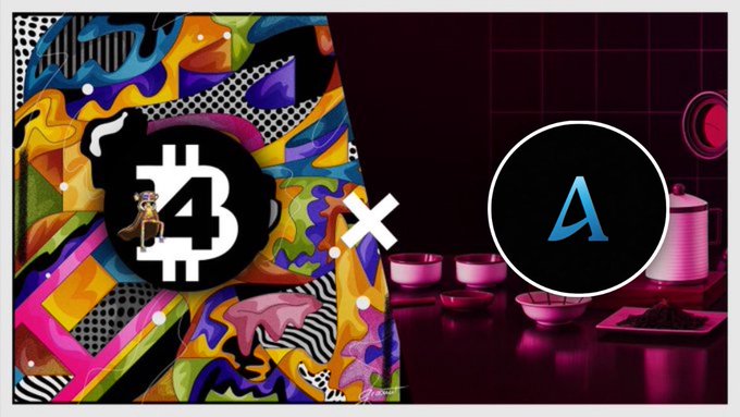 A colorful graphic features Bitcoin's "₿4" logo on the left, an "X" symbol in the middle, and the "A" AlphaTracker logo on the right, illustrating the partnership between the ₿4 Community and @0xAlphaTrack.